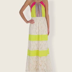 Flying Tomato Halter Tie Maxi Sundress Size Large Neon Bright Yellow Pink Lace